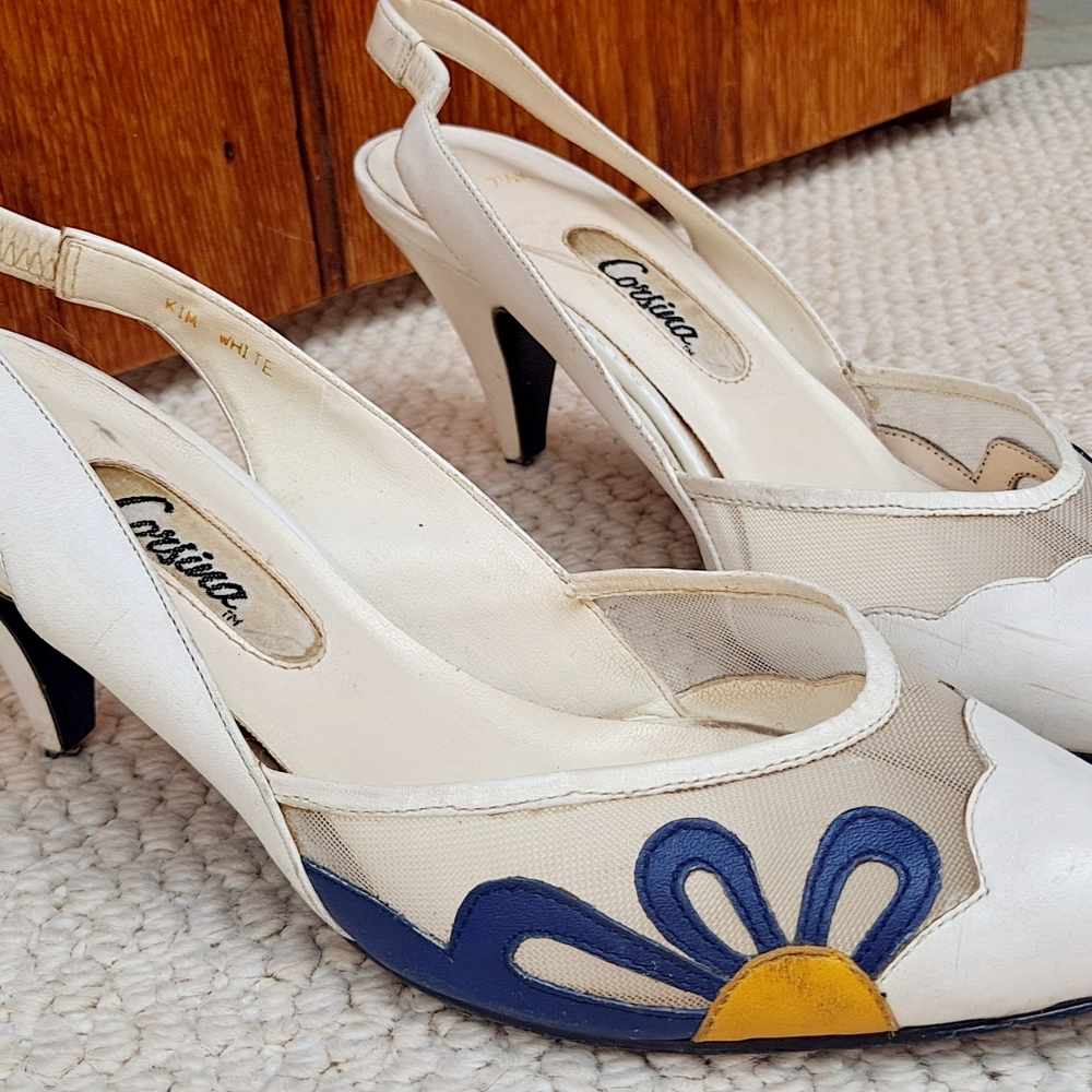 Vintage CORSINA Slingback Pumps Slingback Sandals White Mesh Floral Pointed Toe